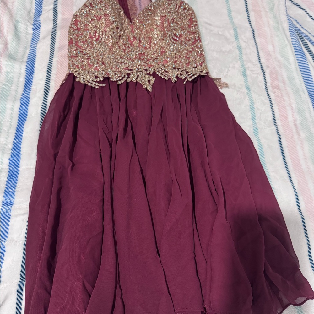 Dave & Johnny Burgundy Formal Dress with Beaded Bodice